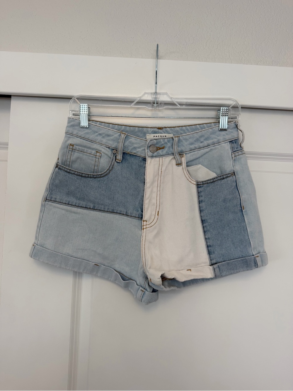 PacSun Patchwork High-Rise Denim Shorts in Light Blue and White